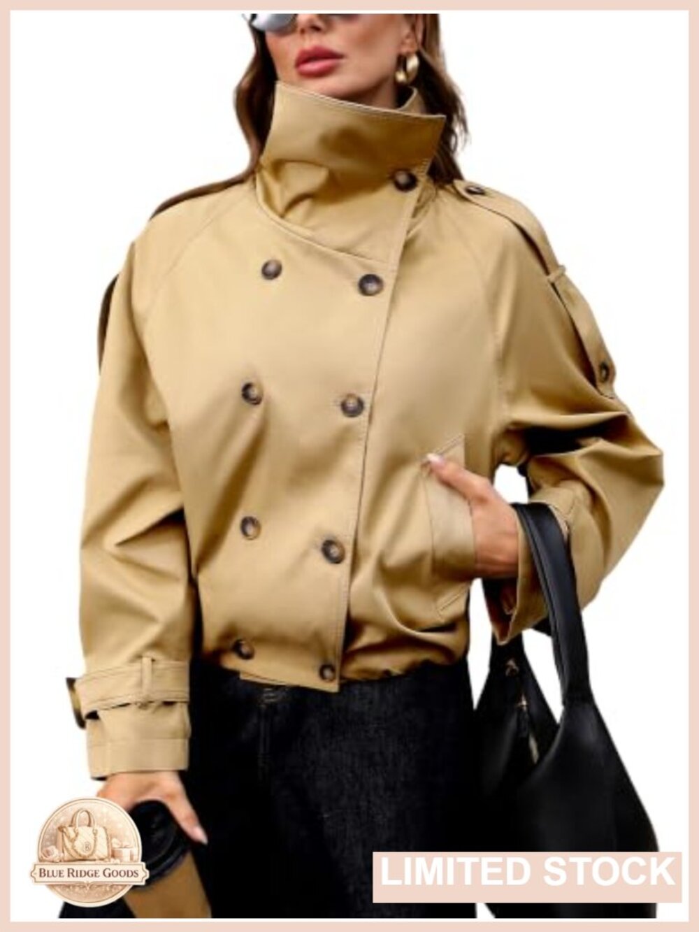 Cropped Trench Coat Wind Water Resistant Funnel Neck Pockets Women's Outerwear